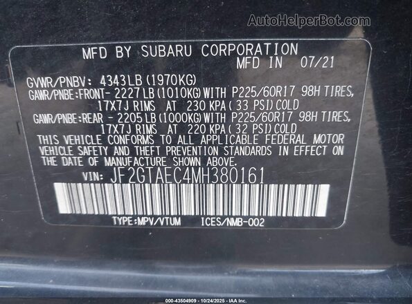 JF2GTAEC4MH380161 2021 SUBARU CROSSTREK Gray 