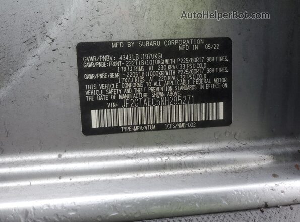 JF2GTAEC5NH285271 2022 SUBARU CROSSTREK Silver Вид підкапотного простору