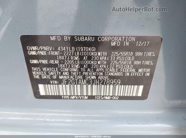 JF2GTAMC3JH278959 2018 SUBARU CROSSTREK Blue 