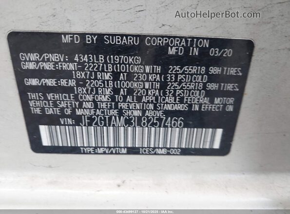 JF2GTAMC3L8257466 2020 SUBARU CROSSTREK White Вид підкапотного простору