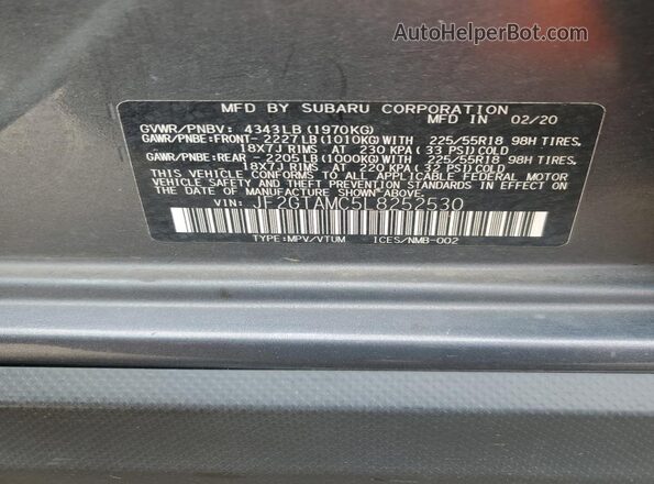 JF2GTAMC5L8252530 2020 SUBARU CROSSTREK Gray VIN კოდის სტიკერის ხედი