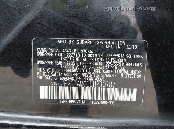JF2GTAMC9LH230787 2020 SUBARU CROSSTREK Black Vista del compartimento del motor