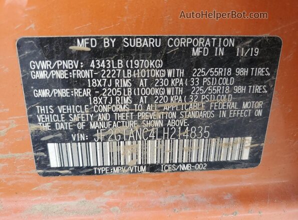 JF2GTANC4LH214835 2020 SUBARU CROSSTREK Оранжевый Вид наклейки с VIN-кодом