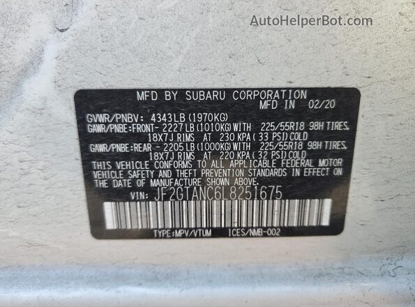 JF2GTANC6L8251675 2020 SUBARU CROSSTREK White VIN կոդի պիտակի տեսք