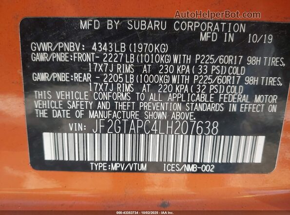 JF2GTAPC4LH207638 2020 SUBARU CROSSTREK Orange Вид підкапотного простору