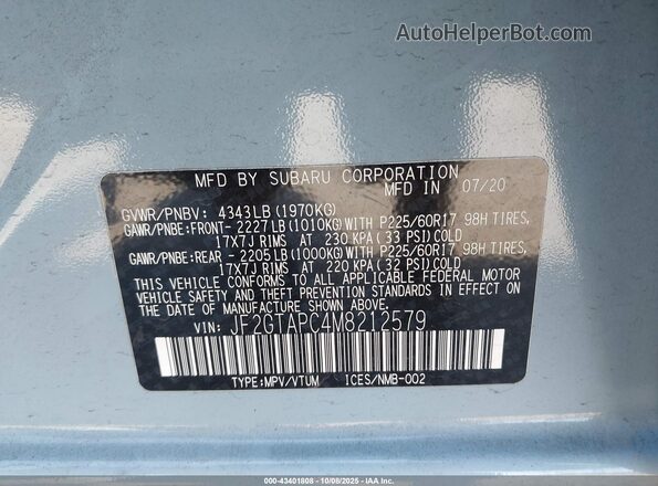 JF2GTAPC4M8212579 2021 SUBARU CROSSTREK Light Blue Вид підкапотного простору