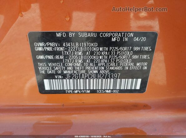 JF2GTAPC8LH273397 2020 SUBARU CROSSTREK Orange Vista del compartimento del motor