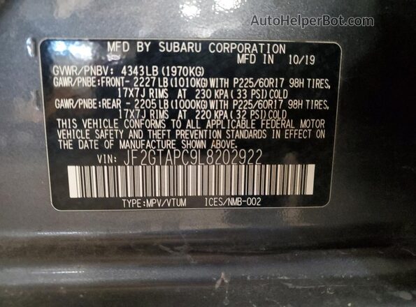 JF2GTAPC9L8202922 2020 SUBARU CROSSTREK Серый Вид наклейки с VIN-кодом