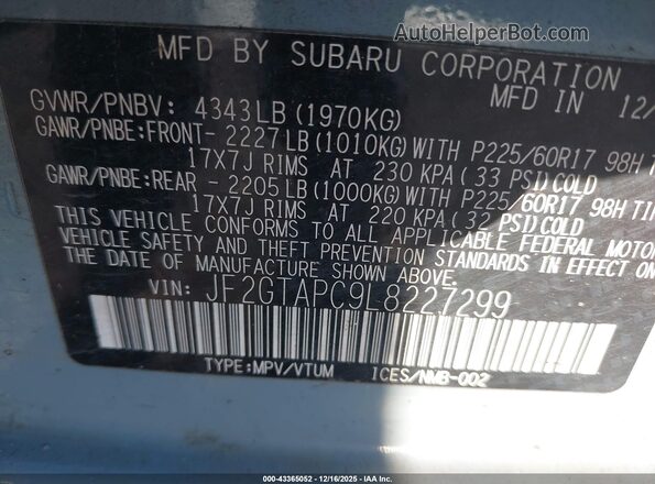 JF2GTAPC9L8227299 2020 SUBARU CROSSTREK Blue Widok komory silnika