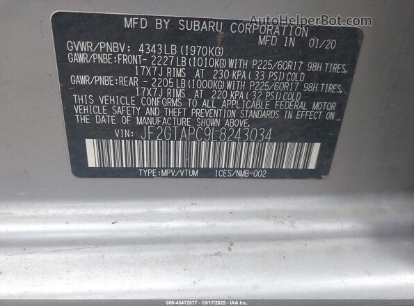 JF2GTAPC9L8243034 2020 SUBARU CROSSTREK Silver Вид підкапотного простору