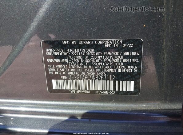 JF2GTAPC9N8267112 2022 SUBARU CROSSTREK Gray Widok komory silnika