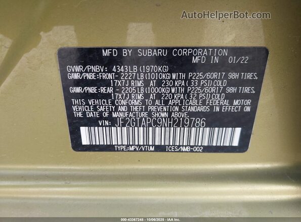 JF2GTAPC9NH219786 2022 SUBARU CROSSTREK Green Vista del compartimento del motor