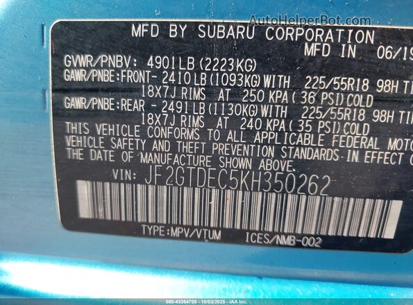 JF2GTDEC5KH350262 2019 SUBARU CROSSTREK HYBRID Blue Widok komory silnika