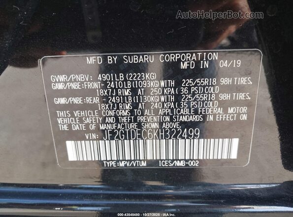 JF2GTDEC6KH322499 2019 SUBARU CROSSTREK HYBRID Black Widok komory silnika