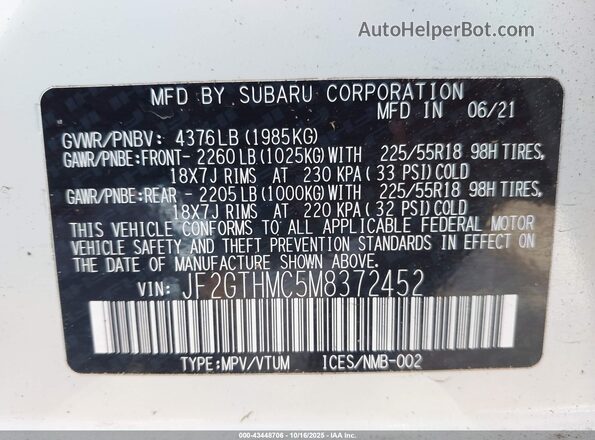 JF2GTHMC5M8372452 2021 SUBARU CROSSTREK Белый Вид подкапотного пространства