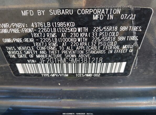 JF2GTHMC9MH381218 2021 SUBARU CROSSTREK Gray Vista del compartimento del motor
