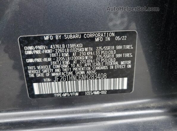JF2GTHNC6NH283408 2022 SUBARU CROSSTREK Gray Widok komory silnika