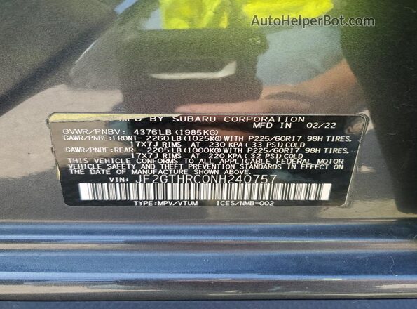 JF2GTHRC0NH240757 2022 SUBARU CROSSTREK Gray Շարժիչի բաժամունքի տեսք