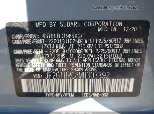 JF2GTHRC8MH303392 2021 SUBARU CROSSTREK Light Blue Vista del compartimento del motor