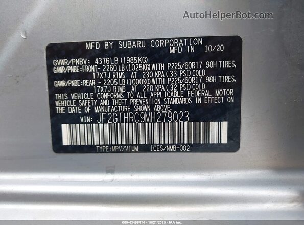 JF2GTHRC9MH279023 2021 SUBARU CROSSTREK Silver Engine compartment view