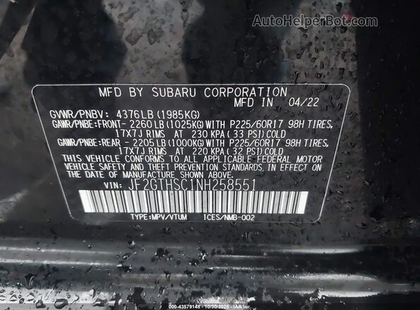 JF2GTHSC1NH258551 2022 SUBARU CROSSTREK Black ძრავის განყოფილების ხედი