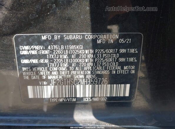 JF2GTHSC2MH359726 2021 SUBARU CROSSTREK Black Widok komory silnika