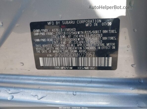 JF2GTHSCXMH223957 2021 SUBARU CROSSTREK Silver Vista del compartimento del motor