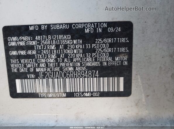 JF2GUADC6RH894874 2024 SUBARU CROSSTREK Белый Вид подкапотного пространства