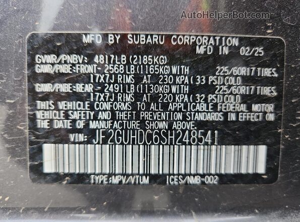 JF2GUHDC6SH248541 2025 SUBARU CROSSTREK Gray Вид підкапотного простору