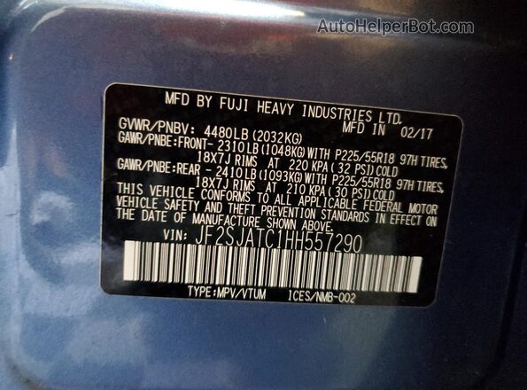 JF2SJATC1HH557290 2017 SUBARU FORESTER 2.5I TO Blue VIN կոդի պիտակի տեսք