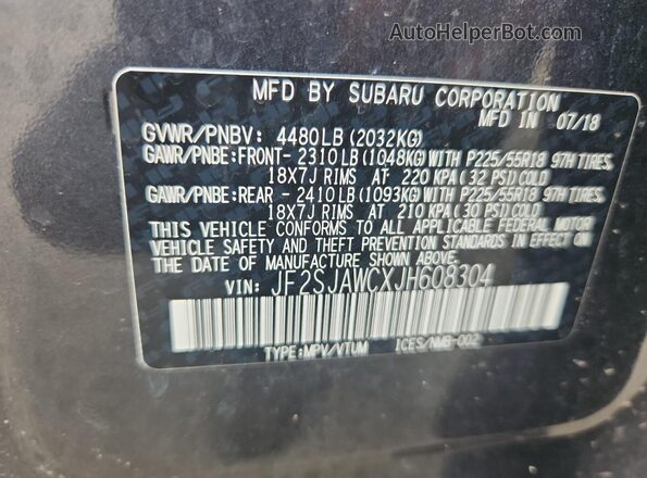 JF2SJAWCXJH608304 2018 SUBARU FORESTER 2.5I TO Charcoal 