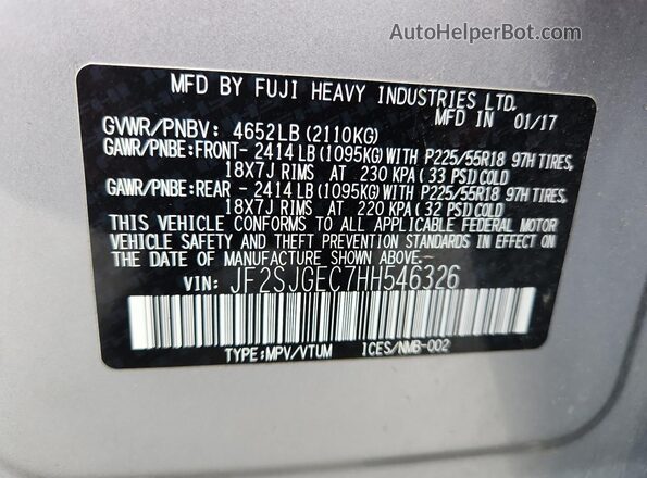 JF2SJGEC7HH546326 2017 SUBARU FORESTER2. Silver Панорамний вид салону 360°