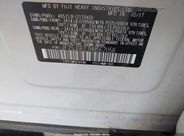 JF2SJGEC7HH562056 2017 SUBARU FORESTER2. White Engine compartment view