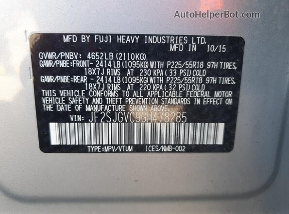 JF2SJGVC9GH478285 2016 SUBARU FORESTER2. Silver 
