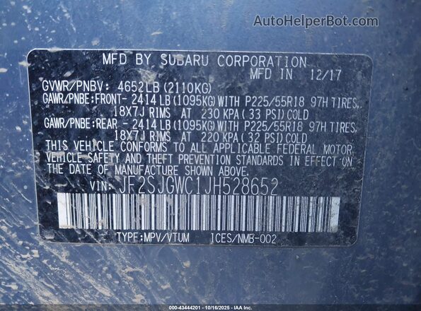JF2SJGWC1JH528652 2018 SUBARU FORESTER2. Blue Vista del compartimento del motor