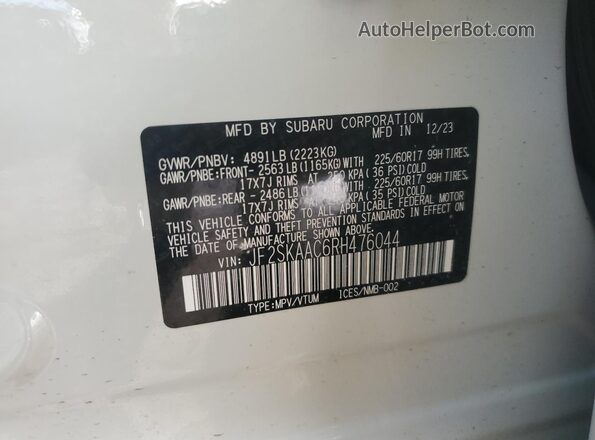 JF2SKAAC6RH476044 2024 SUBARU FORESTER White Widok naklejki z numerem VIN