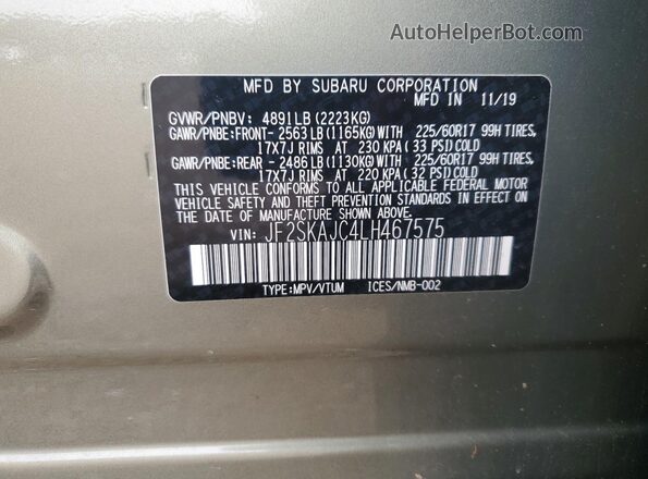 JF2SKAJC4LH467575 2020 SUBARU FORESTER Green Вид підкапотного простору