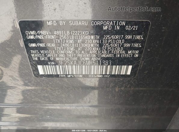 JF2SKAJC6MH511383 2021 SUBARU FORESTER Gray Շարժիչի բաժամունքի տեսք