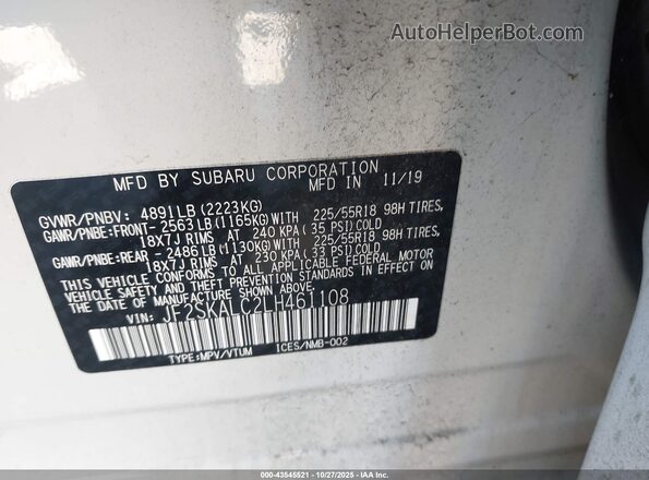 JF2SKALC2LH461108 2020 SUBARU FORESTER White Вид підкапотного простору