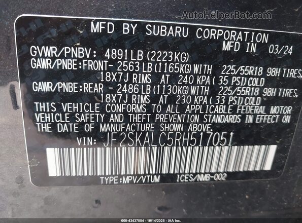 JF2SKALC5RH517051 2024 SUBARU FORESTER Gray Widok komory silnika
