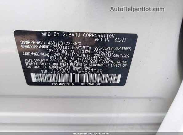 JF2SKALC7MH527945 2021 SUBARU FORESTER White Widok komory silnika