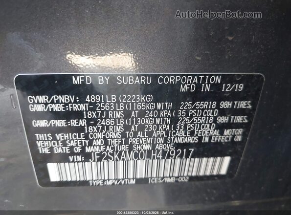 JF2SKAMC0LH479217 2020 SUBARU FORESTER Gray Вид підкапотного простору