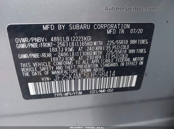 JF2SKAMC5LH598414 2020 SUBARU FORESTER Silver Engine compartment view