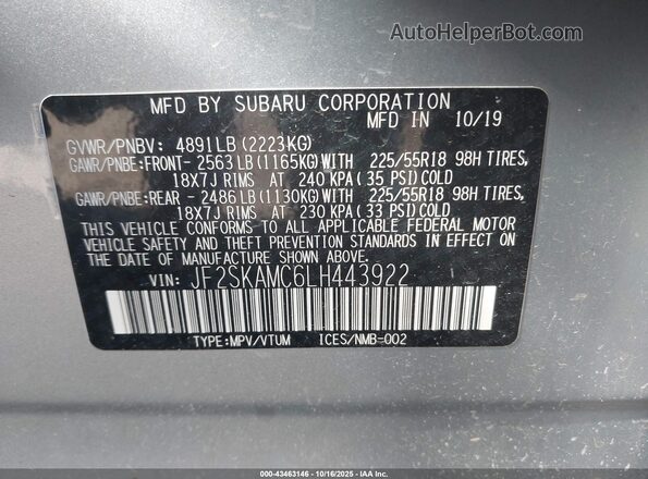 JF2SKAMC6LH443922 2020 SUBARU FORESTER Silver Вид підкапотного простору