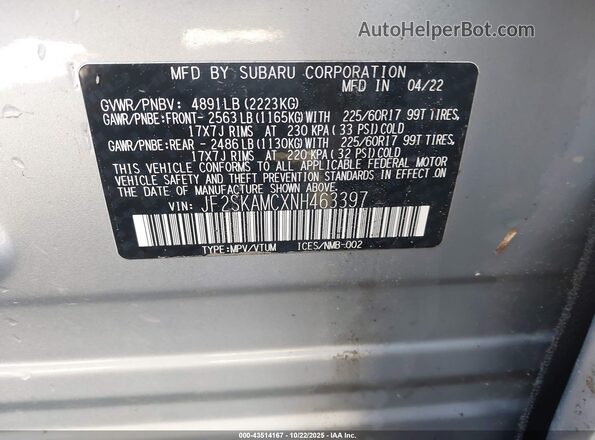 JF2SKAMCXNH463397 2022 SUBARU FORESTER Silver Вид підкапотного простору