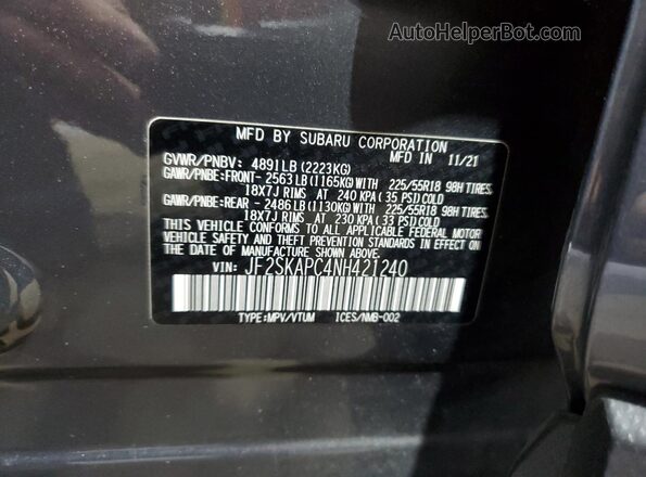 JF2SKAPC4NH421240 2022 SUBARU FORESTER Серый Вид наклейки с VIN-кодом