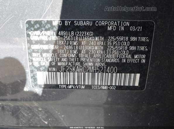 JF2SKARC2MH521400 2021 SUBARU FORESTER Gray Vista del compartimento del motor