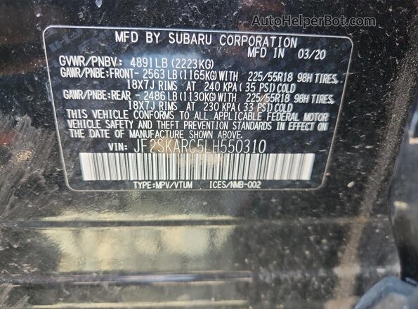 JF2SKARC5LH550310 2020 SUBARU FORESTER Black Вид наклейки з VIN-кодом