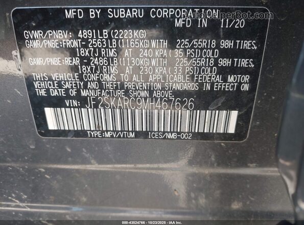 JF2SKARC9MH467626 2021 SUBARU FORESTER Gray Вид підкапотного простору