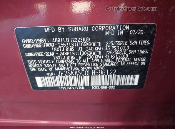 JF2SKASC0LH596122 2020 SUBARU FORESTER Burgundy Вид підкапотного простору